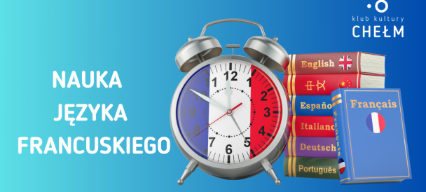 Obrazek przedstawia budzik i książki w kolorystyce francuskiej flagi (niebiesko-biało-czerwonej)