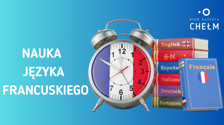 Obrazek przedstawia budzik i książki w kolorystyce francuskiej flagi (niebiesko-biało-czerwonej)