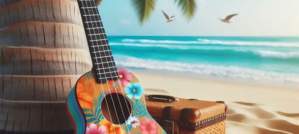 Ukulele w kwiatowe wzory stoi oparte o palmę na plaży. Bezpośrednio za ukulele leży walizka. W tle widać kolejną palmę w oddali i morze. Nad morzem latają ptaki.