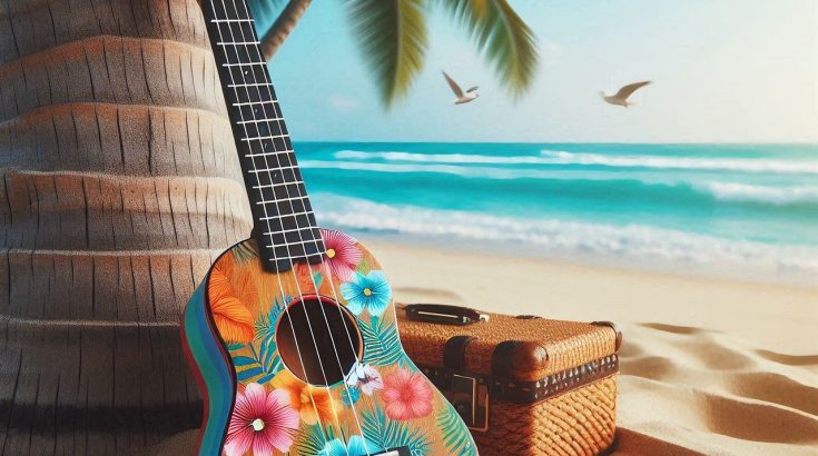 Ukulele w kwiatowe wzory stoi oparte o palmę na plaży. Bezpośrednio za ukulele leży walizka. W tle widać kolejną palmę w oddali i morze. Nad morzem latają ptaki.