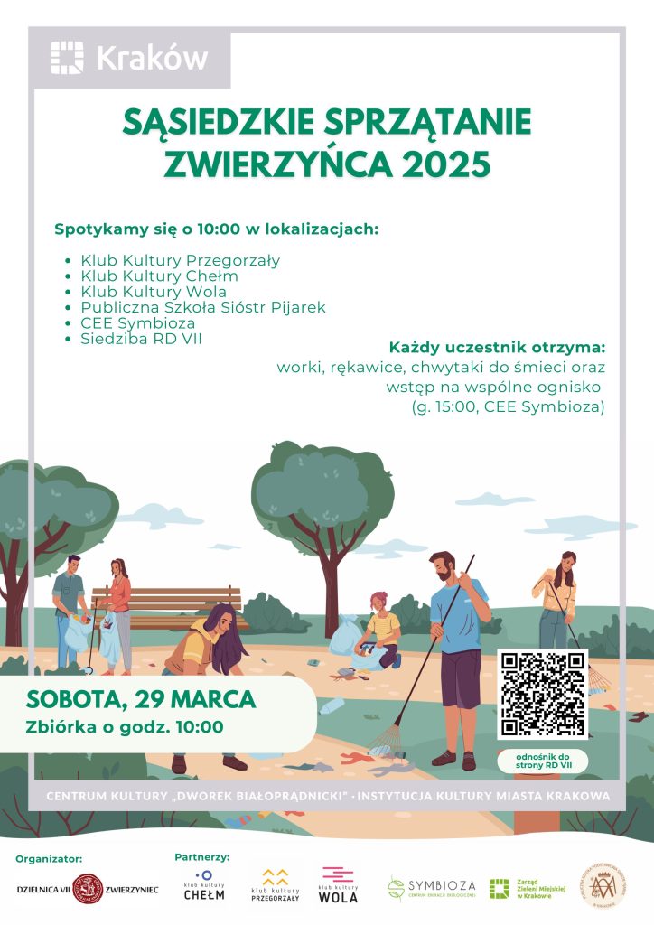 Obrazek przedstawia kobietę i mężczyznę sprzątającą park w pogodny dzień.