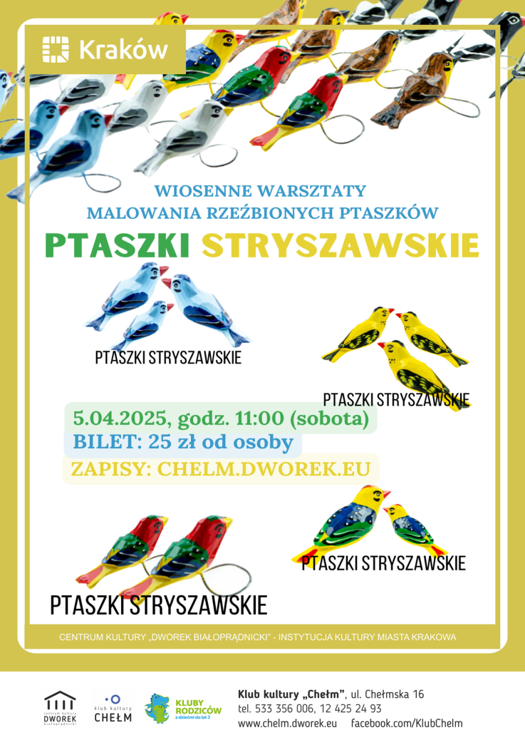 Obrazek przedstawia małe ptaszki wyrzeźbione w drewnie i pomalowane ręcznie farbami na żywe kolory.