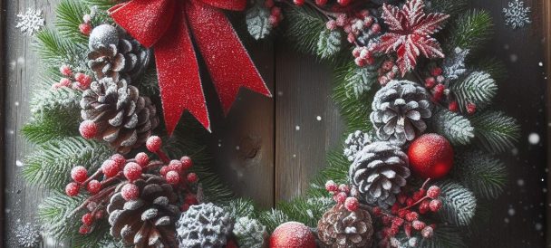 Obrazek przedstawia wianek bożonarodzeniowy z zielonych gałązek i szyszek,