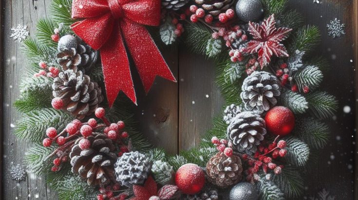 Obrazek przedstawia wianek bożonarodzeniowy z zielonych gałązek i szyszek,