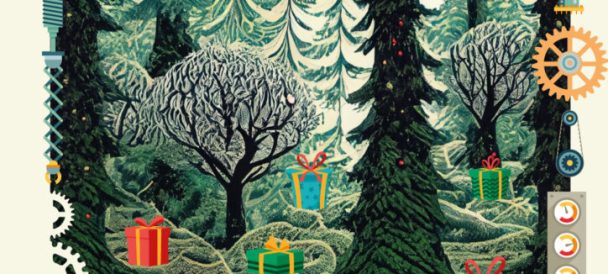 Obrazek przedstawia elfy z prezentami w lesie