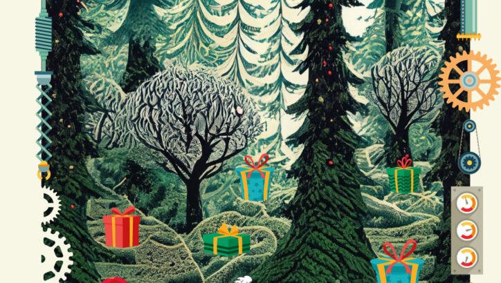 Obrazek przedstawia elfy z prezentami w lesie