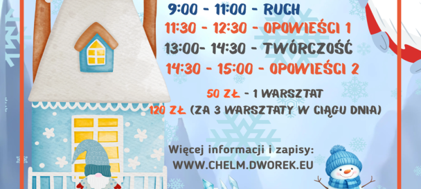 Obrazek przedstawia zimowy pejzaż z bajkowym domkiem i bałwanem.