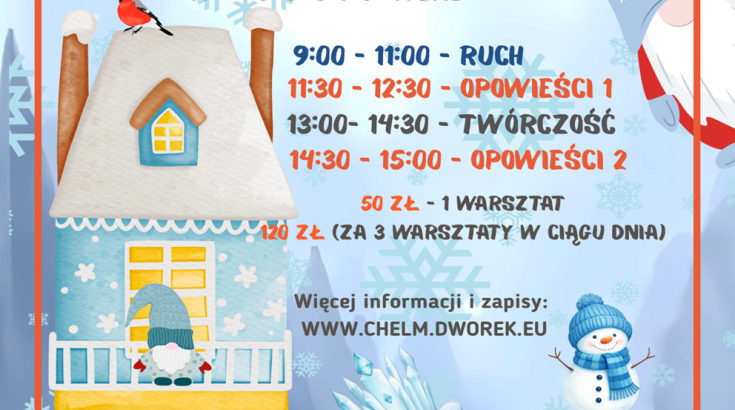 Obrazek przedstawia zimowy pejzaż z bajkowym domkiem i bałwanem.