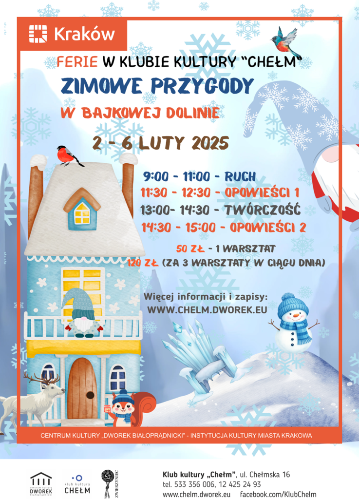 Obrazek przedstawia zimowy pejzaż z bajkowym domkiem i bałwanem.