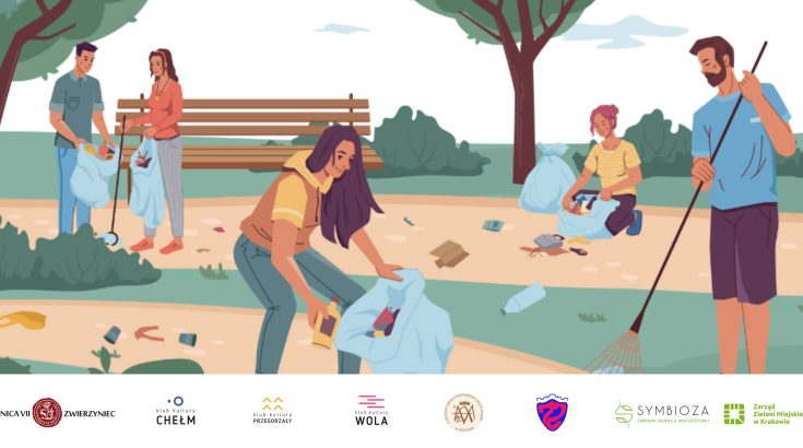 Obrazek przedstawia osoby porządkujące park.