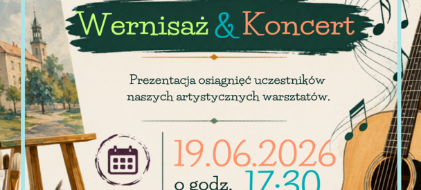 Obrazek przedstawia fortepian, gitarę, mikrofon i sztalugę na kolorowym tle.