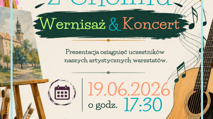 Obrazek przedstawia fortepian, gitarę, mikrofon i sztalugę na kolorowym tle.