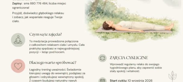 Obrazek przedstawia osobę leżącą podczas sesji jogi nidra