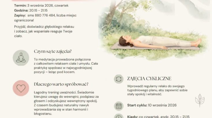 Obrazek przedstawia osobę leżącą podczas sesji jogi nidra