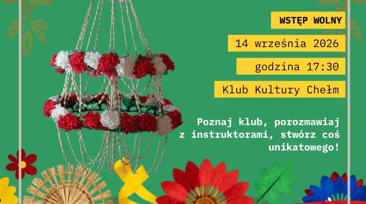 Plakat przedstawia ludowego pająka ze słomek i bibuły
