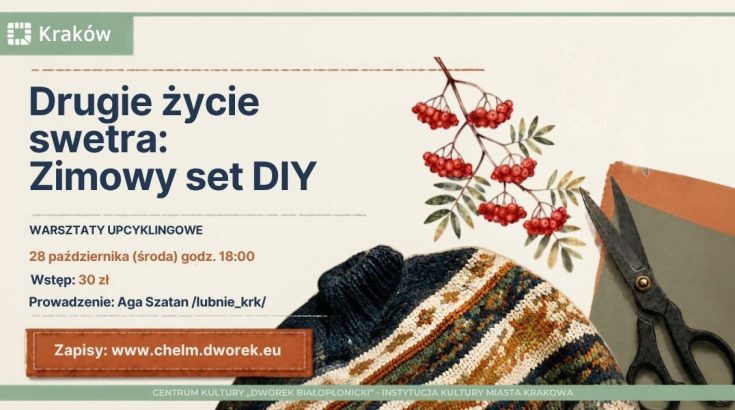Obrazek przedstawia jesienny sweter i krawieckie nożyczki